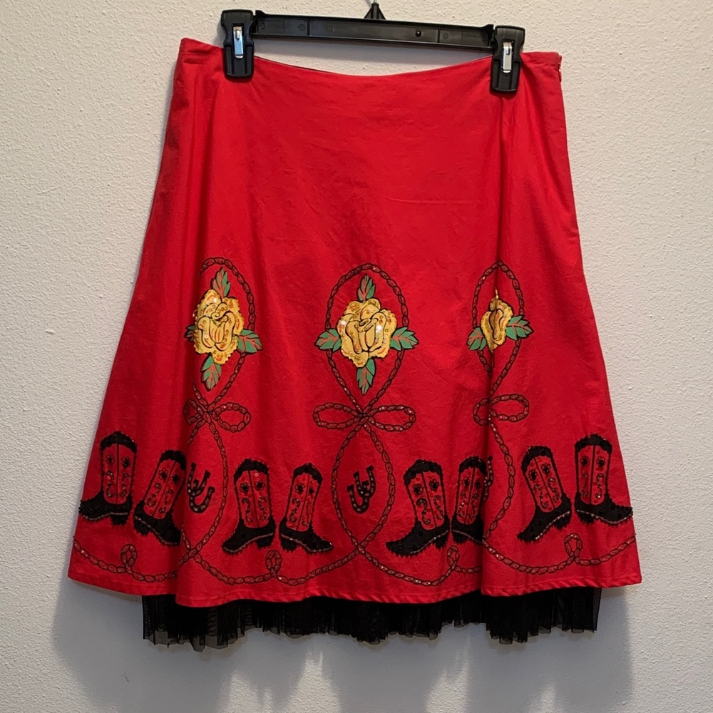Western Cowgirl Red A-Line Skirt with Yellow Rose, Boots, Lasso Sequins Accents